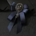 Dark Blue Rhinestone Ribbon Bowtie Men Stage Performance Collar Flower Accessory - Navy Blue