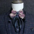 Luxury men's bow tie with burgundy checkered fabric, dark blue gemstone and elegant ribbon. - Gold and Red Plaid
