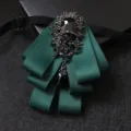 Dark green ribbon bow tie with black rhinestone brooch and teardrop pendant for men suit. - Peacock Green