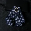 Chic cravate pied de poule noire homme, fleur de col multicouche en tissu avec broche cristal noir. - Pied-de-poule Bleu