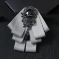 Men grey ribbon bow tie with black rhinestone crystal brooch drop pendant for suits shirts - Silver Gray