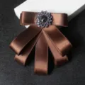 Brown Ribbon Bow Brooch with Rhinestone Crystal Collar Tie Suit Accessory Variant - Dark Brown
