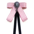 Vintage pink houndstooth bow tie collar ribbon with cameo brooch and black velvet streamers. - Pink White Houndstooth