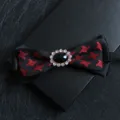 Men's fashion jacquard bow tie with black red houndstooth pattern and elegant rhinestone center gem. - Red Houndstooth