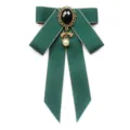 Dark Green JK Bow Brooch Retro Vintage Black Gem Pearl Pendant Uniform Collar Flower - Dark Green