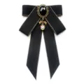 Classic black ribbon bow brooch with vintage bronze frame and pearl pendant for women. - 11-Black
