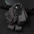 Mens dark multi-layered ribbon bow tie with elegant black rhinestone brooch and crystal pendant. - Dark Gray