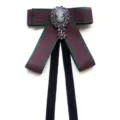 Vintage academy style bow tie with red green herringbone ribbon and cameo rhinestone brooch. - Red Green Houndstooth