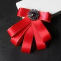 Red ribbon bow brooch lapel flower for men suit wedding formal wear variant option - Gold-rimmed Red