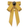 Women JK Uniform Bow Tie Yellow Collar Brooch with Black Crystal Gem and Pearl Pendant - Ginger Yellow