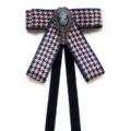 Pre-tied collar bow in navy blue houndstooth with velvet ribbons and vintage cameo brooch. - Pink Blue Houndstooth