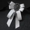 Men silver rhinestone bow tie crystal brooch ribbon collar accessory for stage performance host - Silver Gray