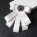 White ribbon bow tie with gold trim and crystal center for men suit wedding collar flower - Gold-rimmed White