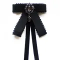Black ribbon bow tie for women, vintage rhinestone collar flower, student school uniform accessory. - Black Pom-Pom Edge