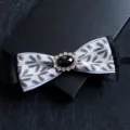 Men jacquard ribbon bow tie with rhinestone crystal and black gem for formal suit wedding. - White with Leaves