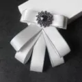 White satin bow tie brooch with rhinestones, elegant men formal wear accessory for suits. - Silver-rimmed White