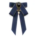 Dark blue ribbon bow brooch with vintage bronze frame black gem pearl pendant JK accessory - Dark Blue