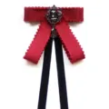 Elegant red ribbon bow tie with black velvet streamers and vintage crystal brooch for women. - Red Pom-Pom Edge