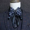 British style men's bow tie with houndstooth pattern and black ribbons, elegant vintage design. - Houndstooth Blue