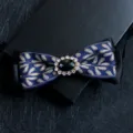 Elegant mens bow tie with blue jacquard ribbon, gold leaf pattern, sparkling rhinestones. - Blue with Leaves