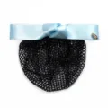 Professional hairnet with light blue bow, black mesh hair bun cover for workplace and nurse. - Fine Mesh / Light Blue