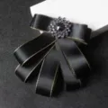 Black satin bow tie brooch with rhinestone crystal and gold trim for men business suit accessories - Gold-rimmed Black