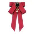 Red fabric bow tie brooch for women, Japanese JK uniform necktie with vintage black gem pendant. - 02 - Wine Red