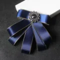 Men's dark blue ribbon bow tie with gold trim and rhinestone center brooch accessory SKU - Gold-rimmed Blue