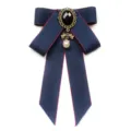 Dark blue JK bow brooch with red trim and vintage pearl pendant for school uniform accessories. - Navy Blue