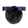 Professional hair net snood with dark blue satin bow for workplace nurses and flight attendants. - Fine Mesh / Navy Blue