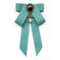 Vintage JK uniform bow brooch with black gem and pearl pendant, elegant fabric collar pin. - Light Green