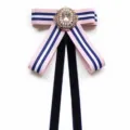 College style striped ribbon bow tie with rhinestone pearl brooch and long velvet tails. - Pink Blue White