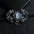 Vintage cameo brooch bow tie with delicate floral jacquard fabric and crystal pendants. - 14