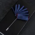 Men's dark blue pleated fabric suit lapel pin and pocket square variant accessory style. - Twill Edge Blue