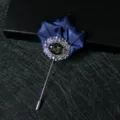 Elegant men's lapel pin brooch featuring dark blue ribbon and crystal flower design for suits. - Dark Blue