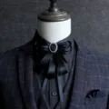 Men's formal black ribbon bow tie with crystal rhinestone brooch for wedding suit wear - Black (03)