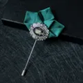 Mens suit lapel pin vintage green fabric brooch flower crystal rhinestone jewelry - Dark Green