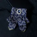 Elegant men's dark blue bow tie with gold leaf pattern, rhinestone gem and metal tips for wedding. - Size 8
