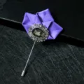 Purple fabric lapel pin brooch for men suit, vintage silver flower crystal stick pin. - Purple