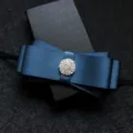 Mens elegant dark blue satin rhinestone bow tie with elastic band for wedding suit formal wear - Navy Blue