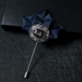 Men suit lapel pin dark blue ribbon brooch vintage crystal rhinestone metal long pins - Dark Blue