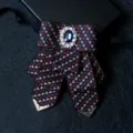 Mens suit bow tie, red houndstooth ribbon with blue rhinestone crystal, formal wedding neckwear. - No. 05
