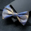 Blue and gold check bow tie for men, stylish handmade formal suit neckwear accessory. - 04