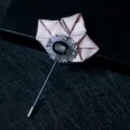 Elegant men lapel pin brooch pink satin ribbon vintage silver crystal suit decorative accessory - Pink
