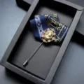 Elegant vintage men's rhinestone cameo brooch lapel pin with blue patterned ribbon accessory. - Black and Red (02)
