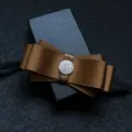 Men's brown satin bow tie with rhinestone center and elastic band for formal suit shirt. - Dark Coffee