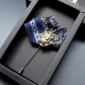 Men vintage brooch pin, navy blue fabric ribbon with cameo portrait and rhinestones. - Green and Blue Embroidery (03)