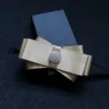 Men gold satin bow tie with rhinestone center button and dark gift box for wedding formal. - Light Yellow