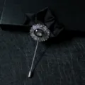 Men vintage black fabric flower lapel pin suit brooch crystal stick pin collar accessory - Black