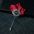 Red fabric flower brooch with vintage silver rhinestone pin for men suit lapel collar decor. - Red